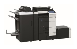 Konica Minolta Bizhub C754e Colour Copier with Document Feeder Finisher Stapler Saddle Kit and Large Capacity Trays